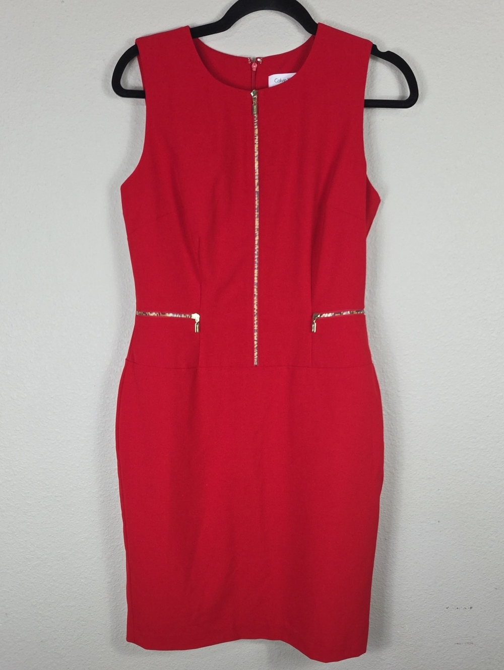 Calvin Klein Red Ponte Knit Front Zip Sheath Dress Gold Grey Zippers Size 6